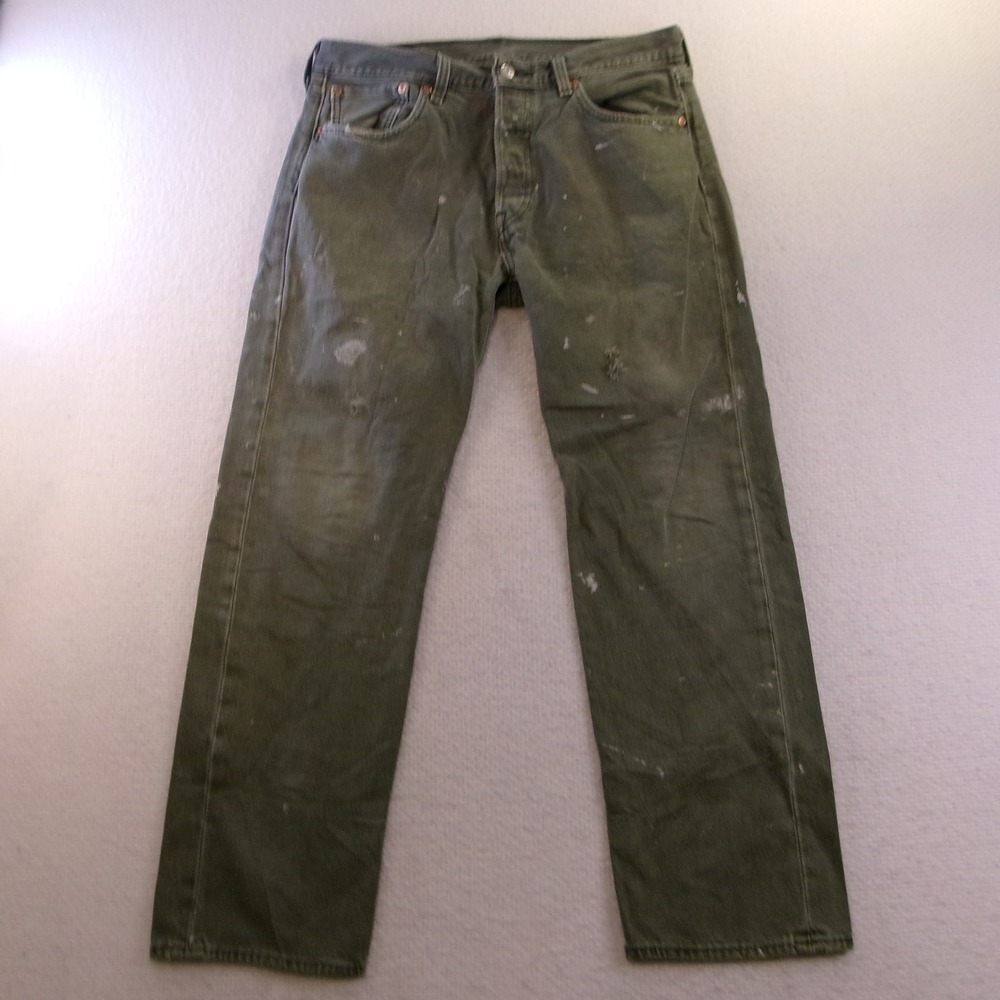Levi's Mens 32x29 501 Original‎ Fit Jeans Olive Green Distressed Painted